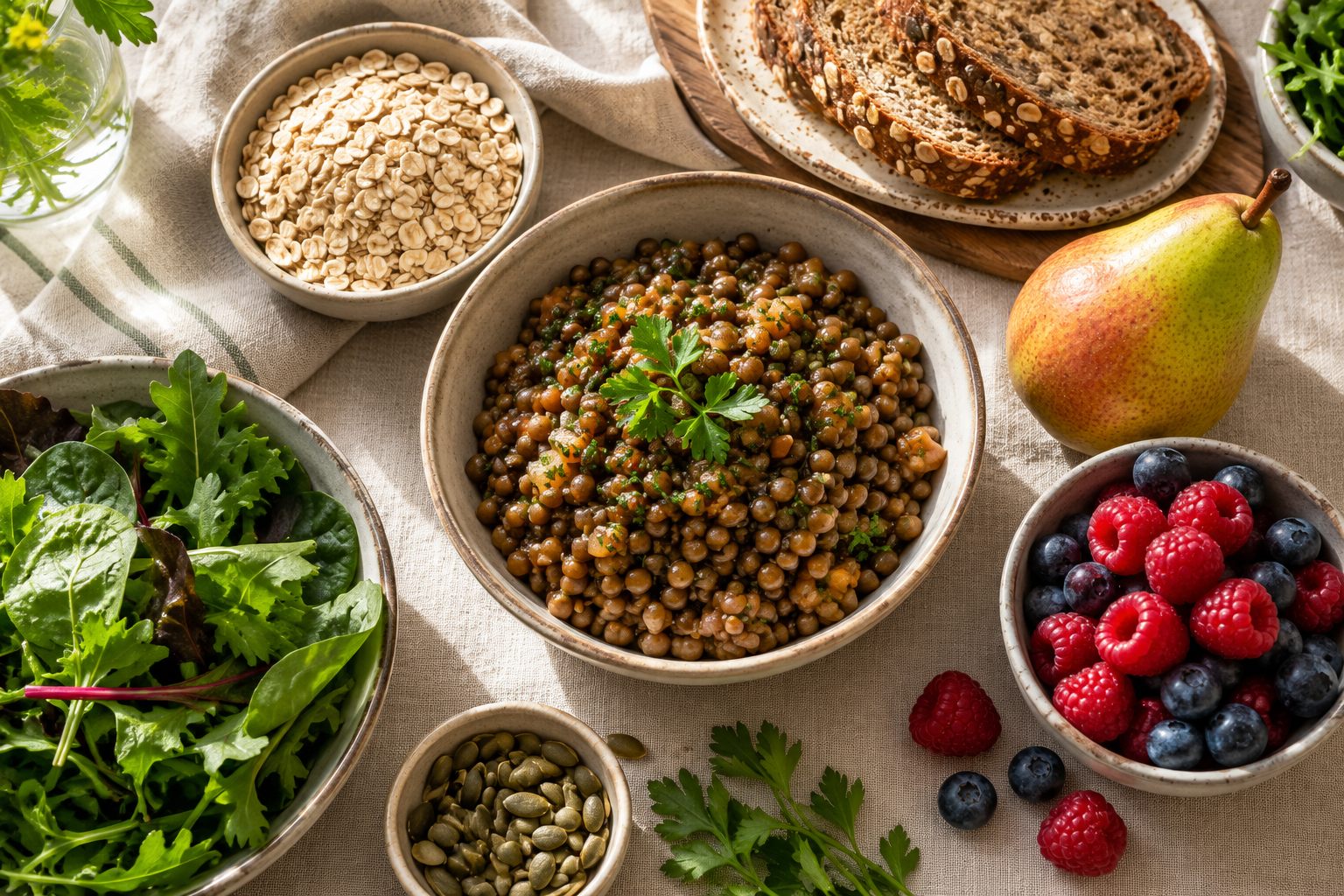 AI-generated food illustration showing oats, lentils, bread, fruit, and leafy greens.