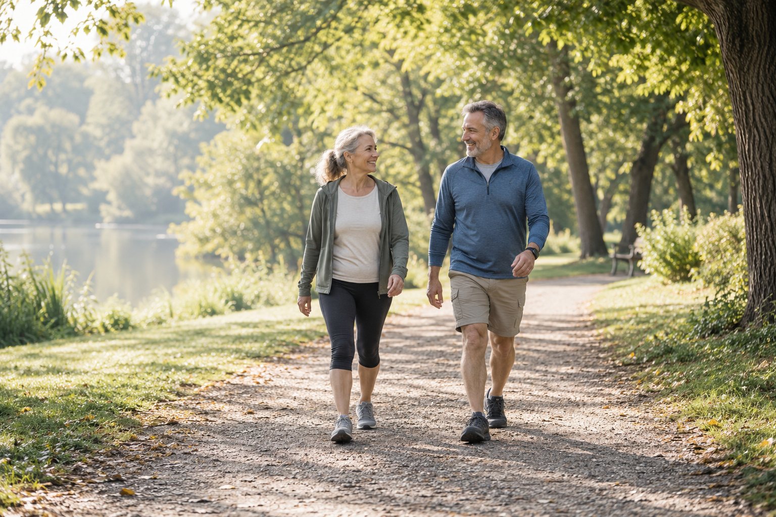 AI-generated illustration of two adults walking along a sunlit park path beside a lake.